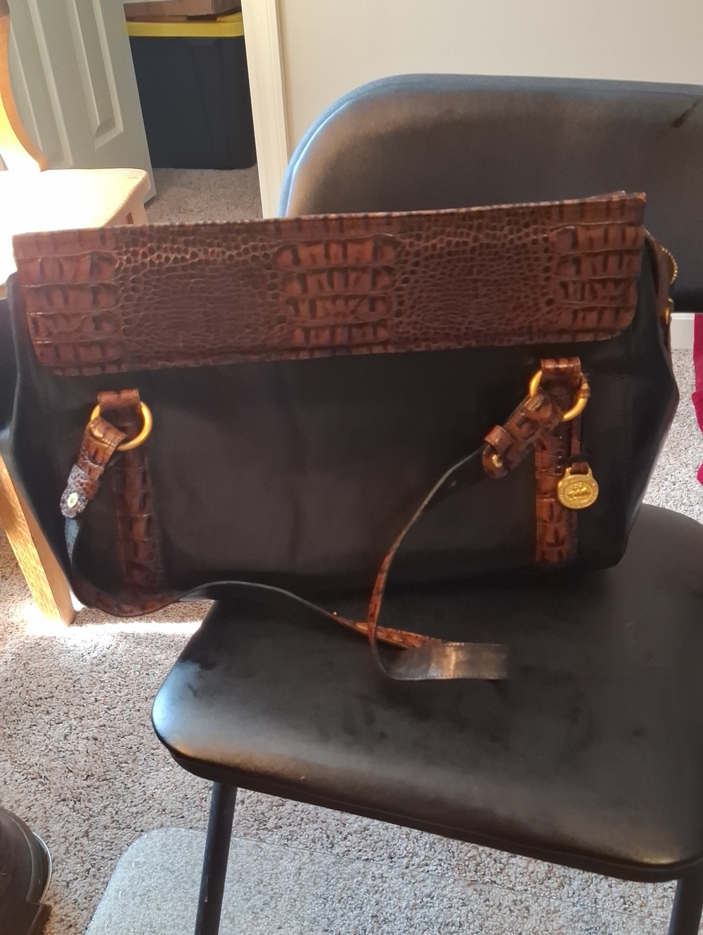 BRAHMIN Black Satchel with Brown Croc-Embossed Trim and Gold Hardware